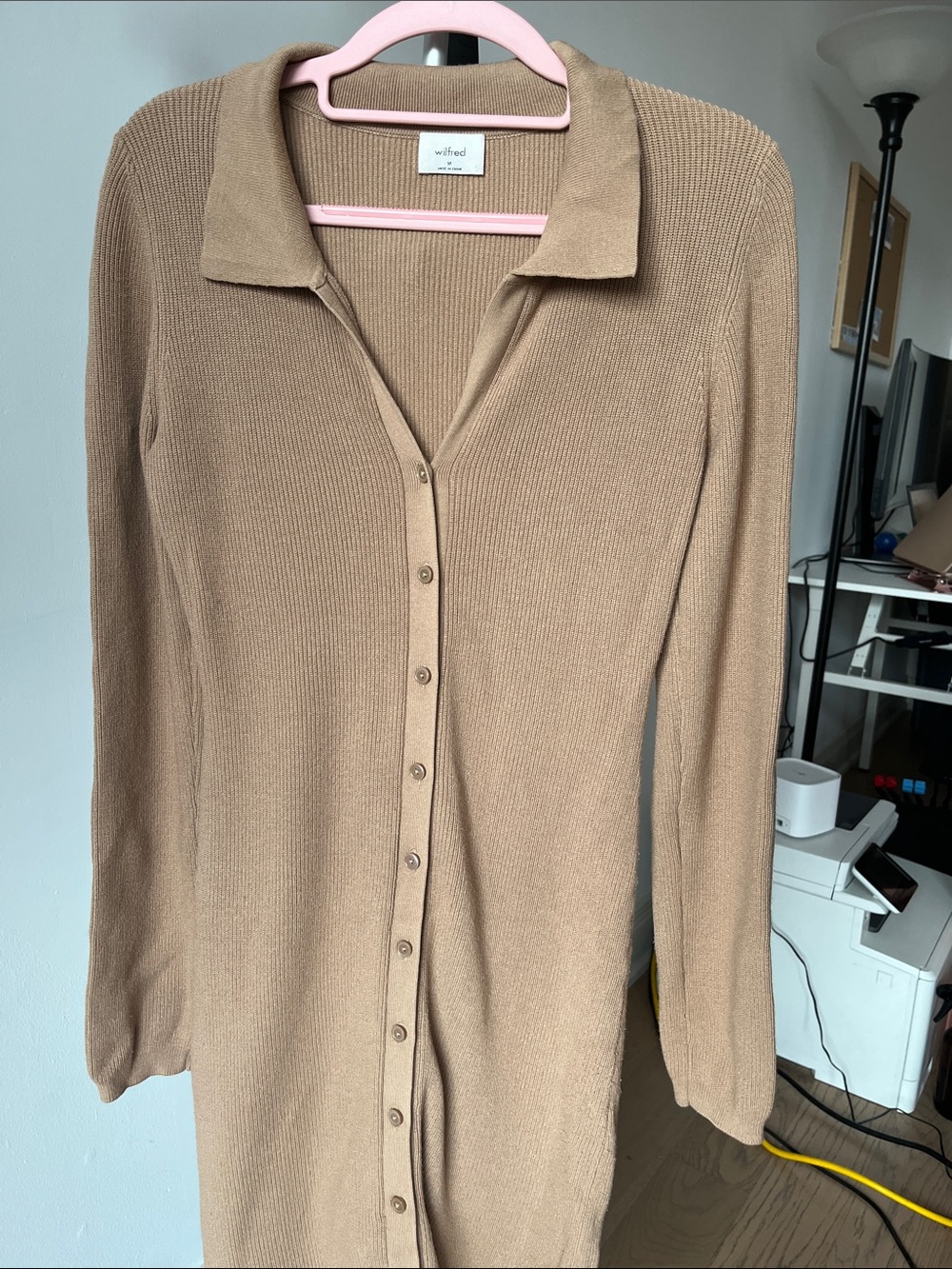 Aritzia Wilfred Button-Front Tan Knit Dress with Collar - Picture 3 of 5
